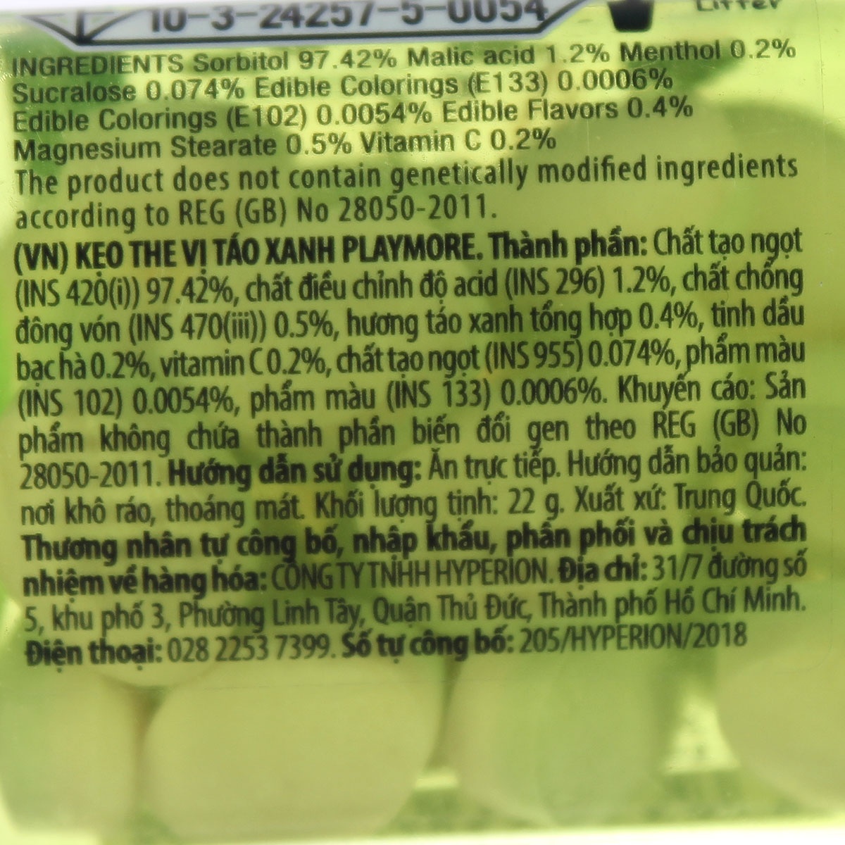 Kẹo the Playmore vị táo xanh hũ 22g cho bé 5Y+ - mặt sau