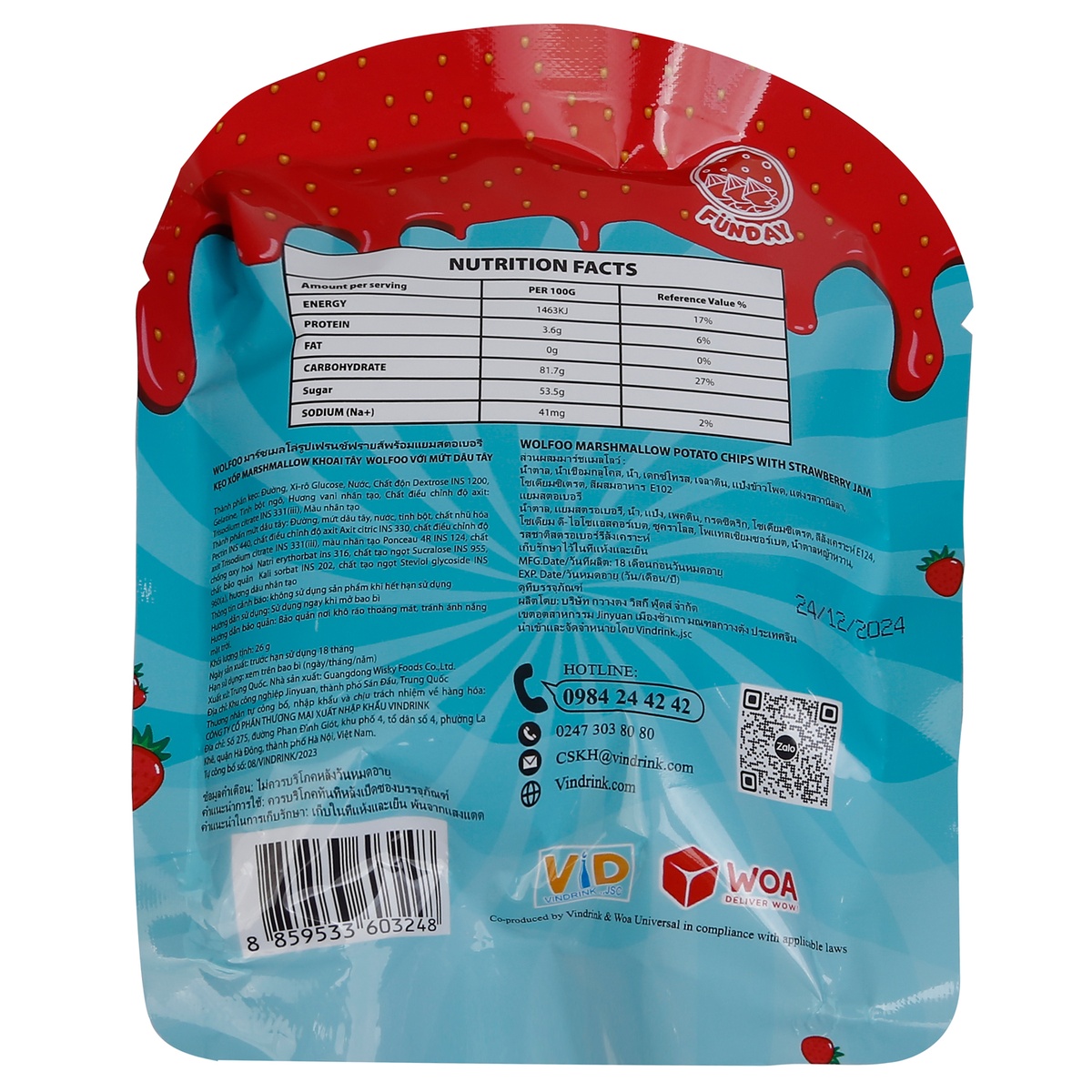 Kẹo xốp Wolfoo khoai tây với mứt dâu tây 26g - mặt trái