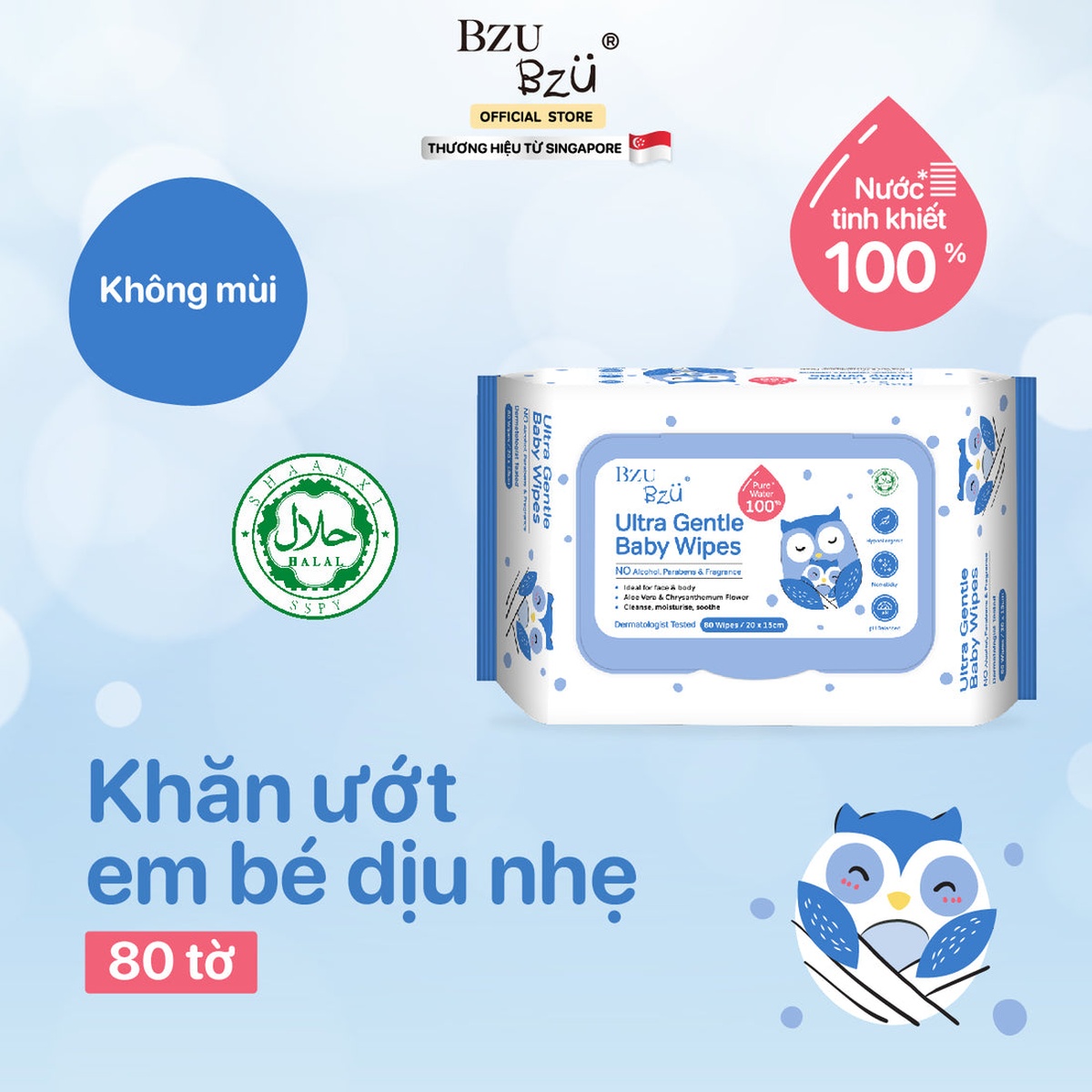 Khăn ướt dịu nhẹ Bzu Bzu 80 tờ - mặt trái