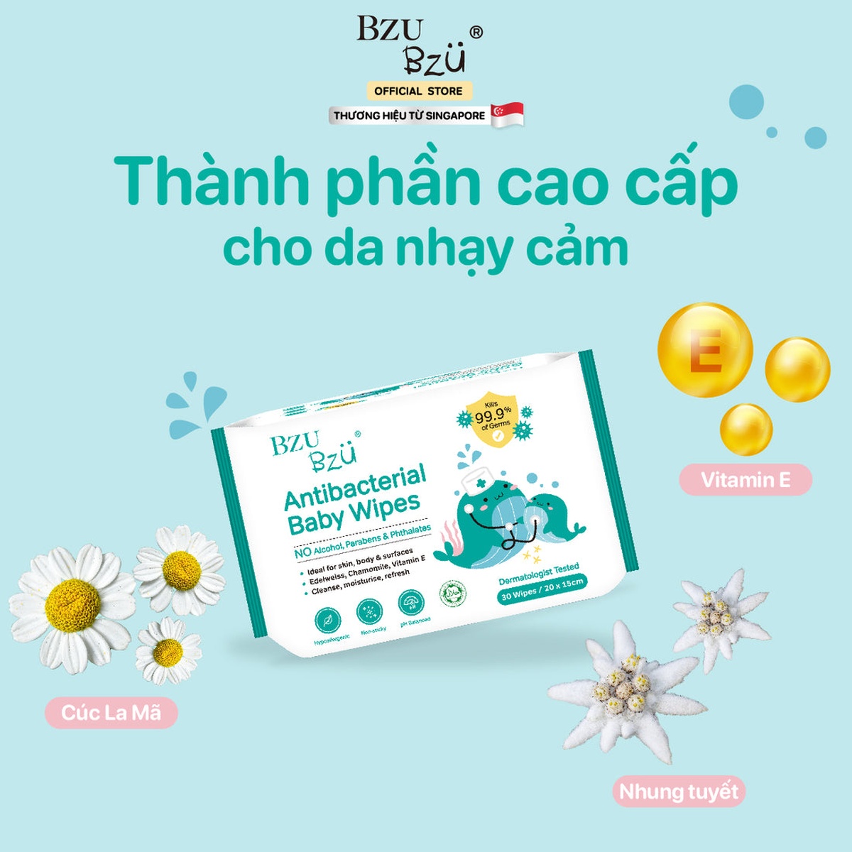 Khăn ướt kháng khuẩn Bzu Bzu 30 tờ - mặt phải
