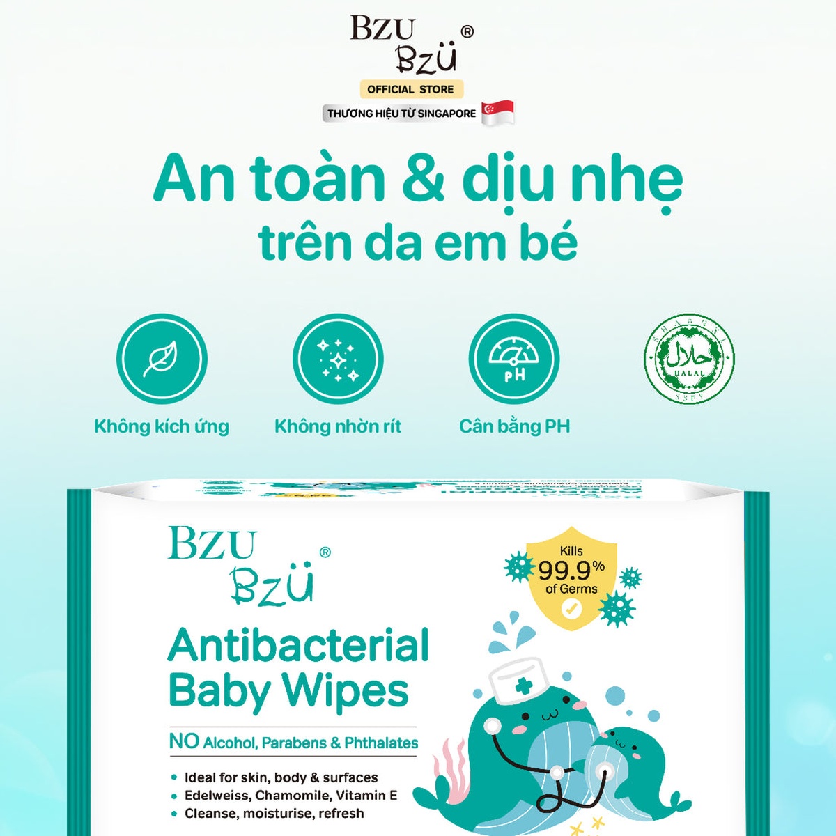 Khăn ướt kháng khuẩn Bzu Bzu 30 tờ - mặt sau