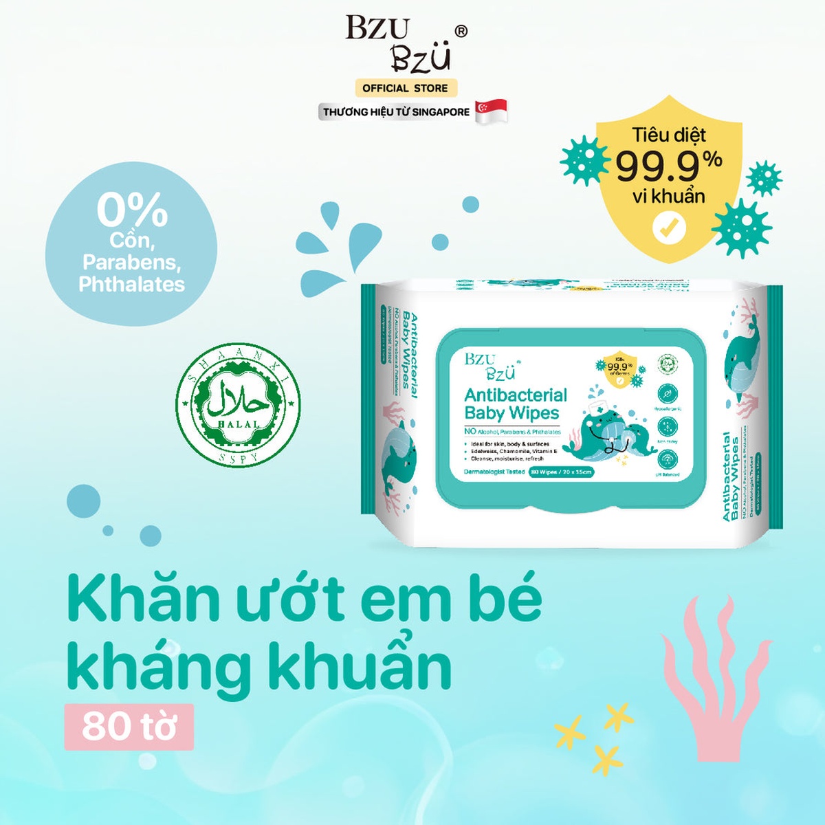 Khăn ướt kháng khuẩn Bzu Bzu 80 tờ - mặt trái