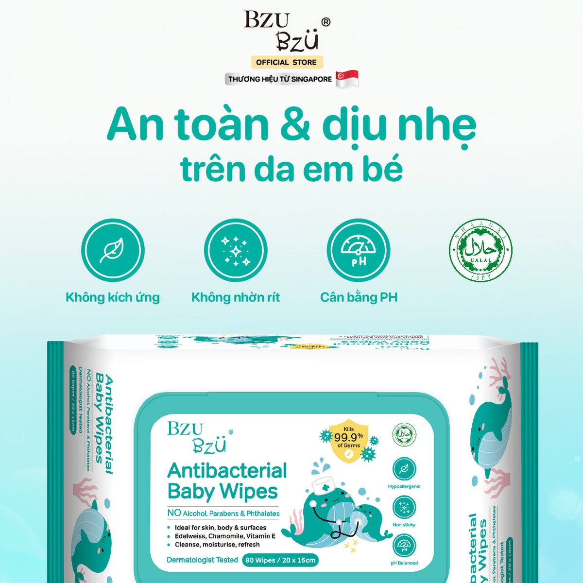 Khăn ướt kháng khuẩn Bzu Bzu 80 tờ - mặt phải