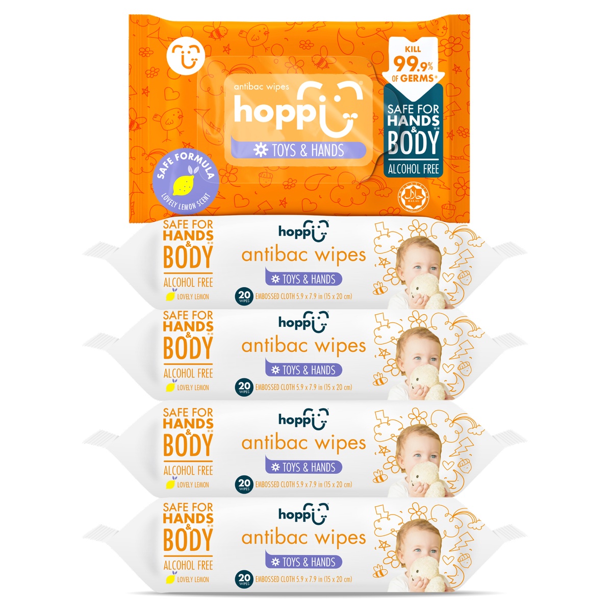 Khăn ướt kháng khuẩn Hoppi Antibac 20 tờ - mặt sau