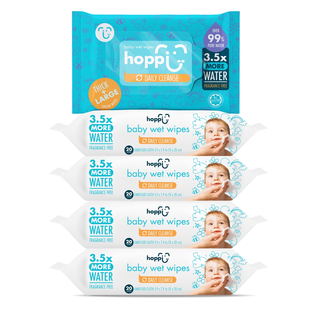Khăn ướt tinh khiết Hoppi Daily cleanse 3.5x water 20 tờ - mặt phải