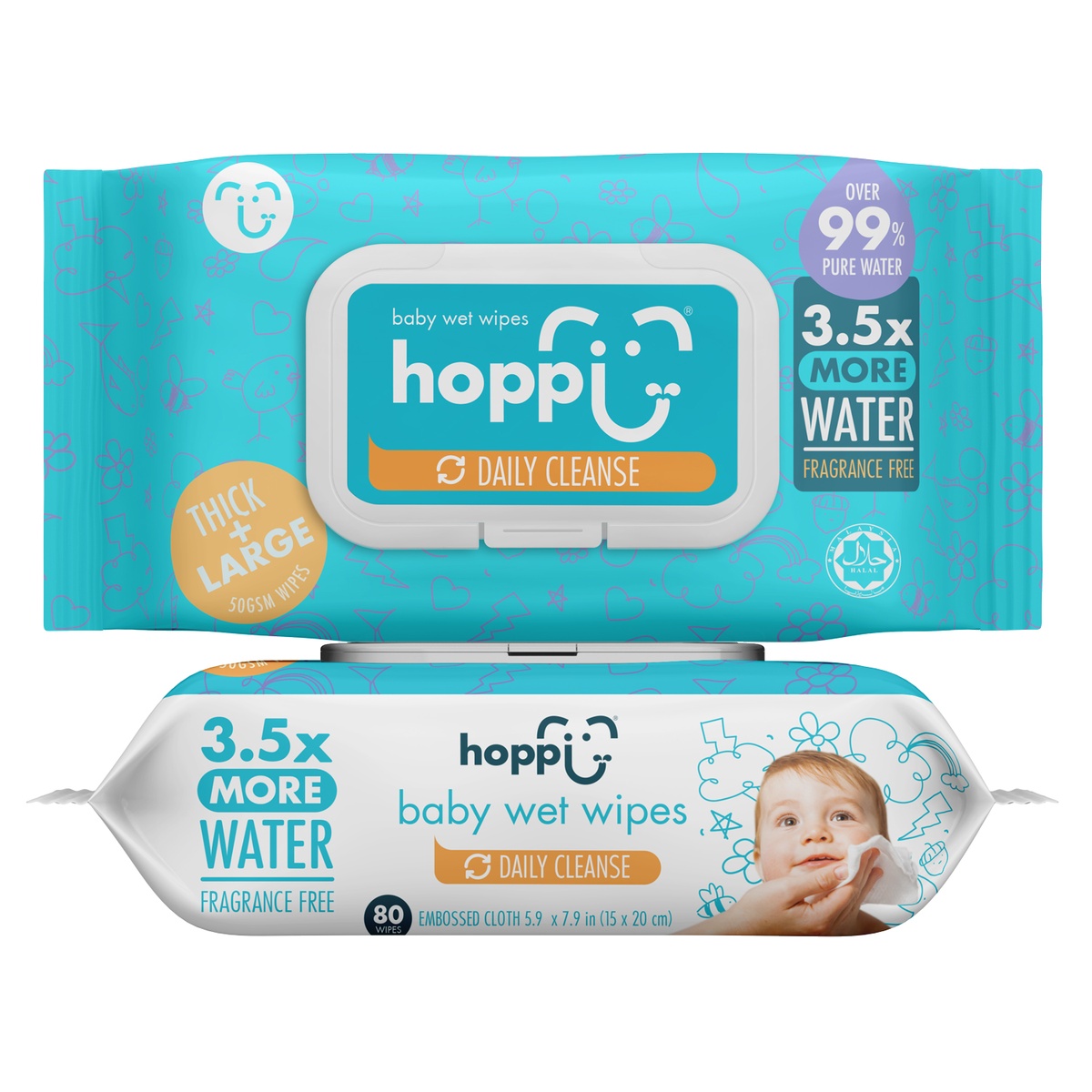 Khăn ướt tinh khiết Hoppi Daily cleanse 3.5x water 80 tờ - mặt phải