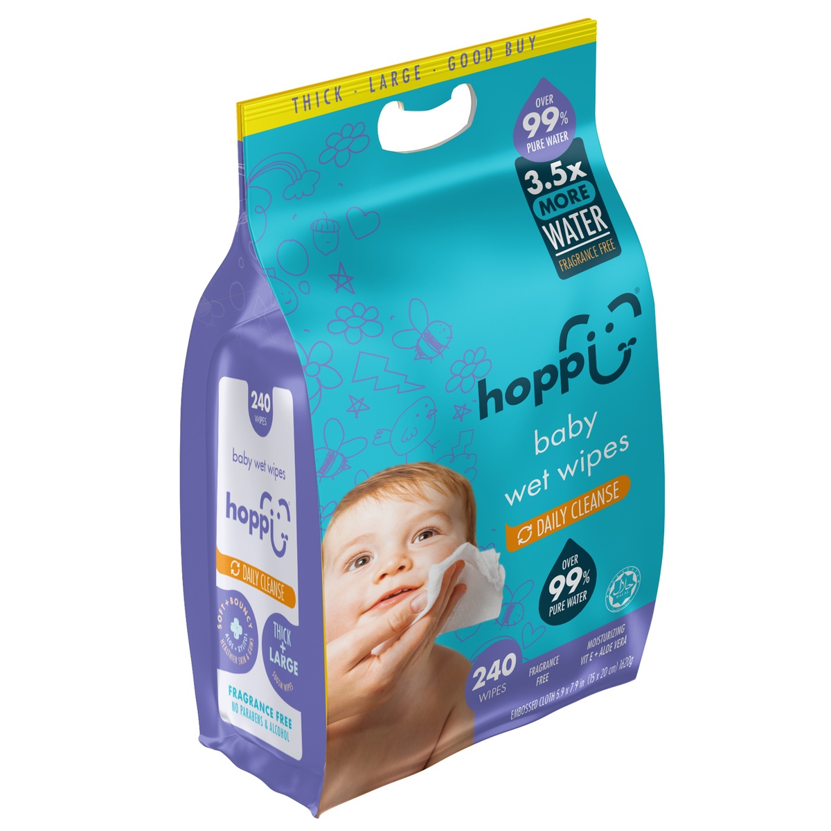 Khăn ướt tinh khiết Hoppi Daily cleanse 3.5x water 80 tờ - mặt sau