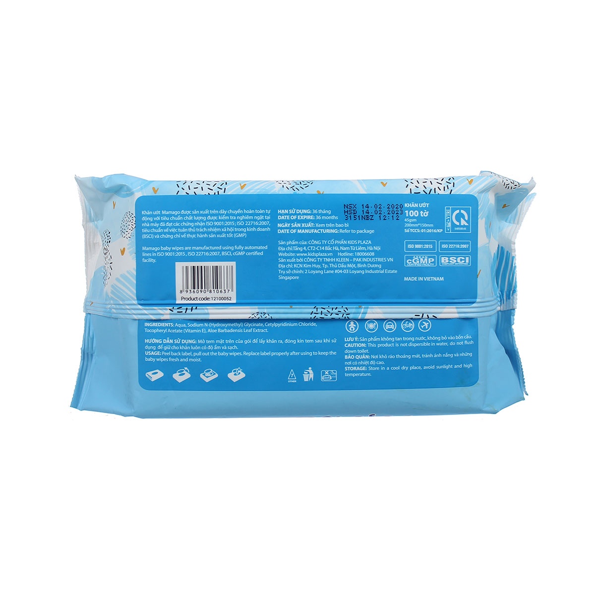 Khăn ướt tinh khiết Mamago 100pcs MMG - mặt sau