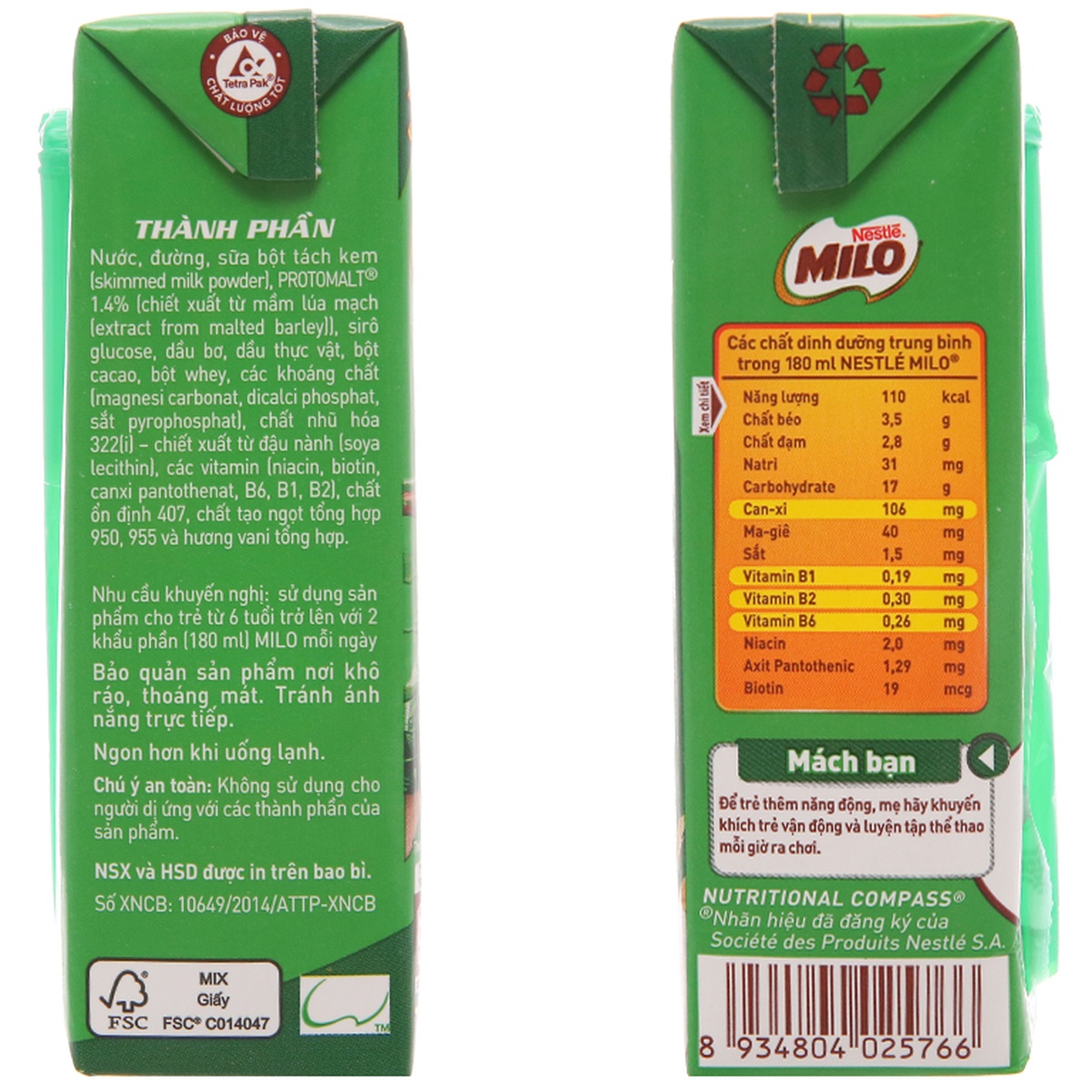 Lốc 4 hộp sữa Milo Active Go 180ml cho bé trên 6 tuổi - mặt sau