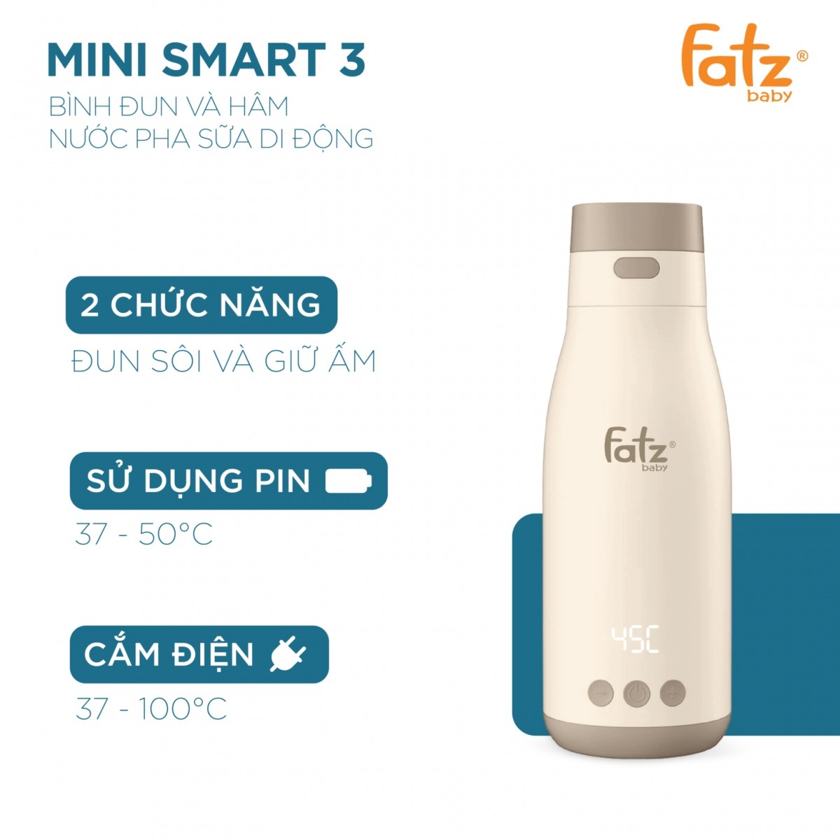 Máy đun nước, hâm nước di động Fatzbaby Mini 3 FB3621FD - góc nghiêng