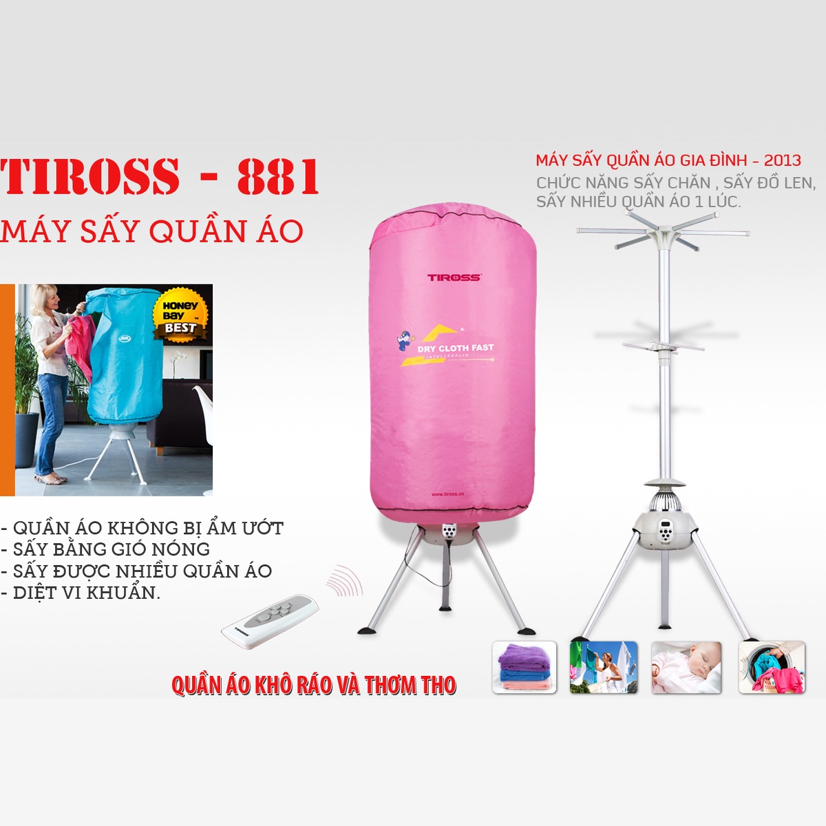 Máy sấy quần áo Tiross TS-881 điều khiển từ xa - mặt phải