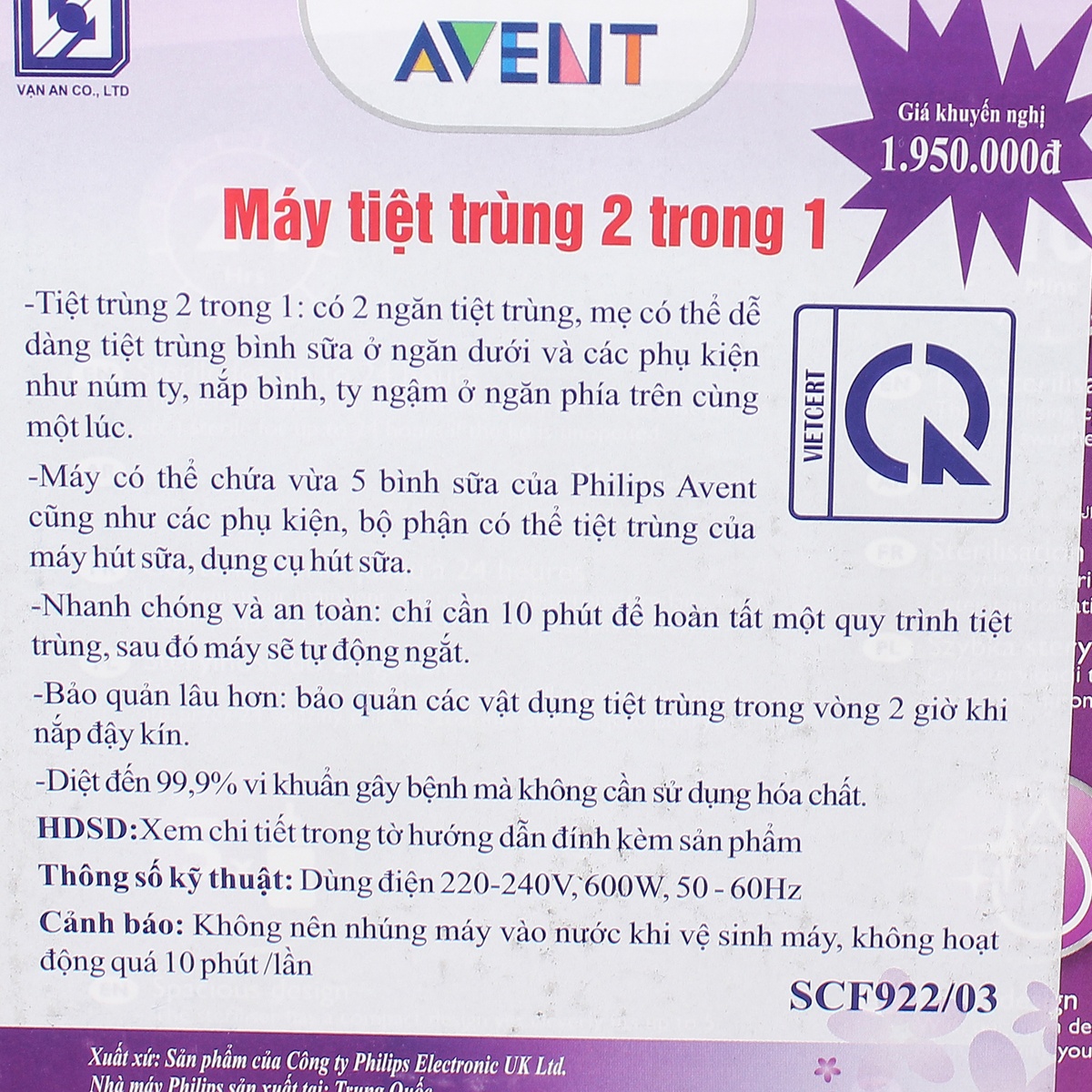 Máy tiệt trùng bình sữa Philips Avent 2 in 1 SCF922/03  - hình 7