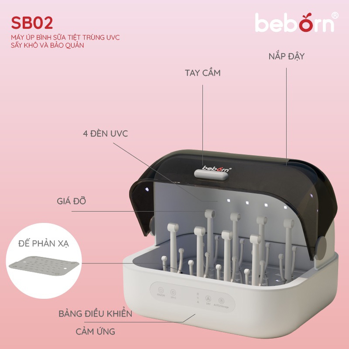 Máy úp bình, tiệt trùng UVC, sấy khô Beborn SB02HB - mặt trái
