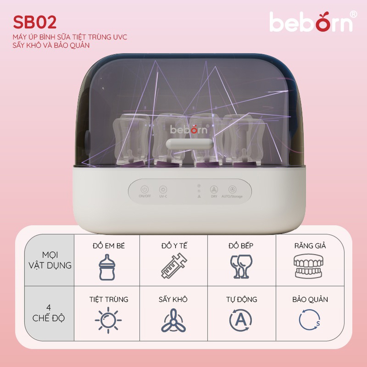 Máy úp bình, tiệt trùng UVC, sấy khô Beborn SB02HB - mặt phải