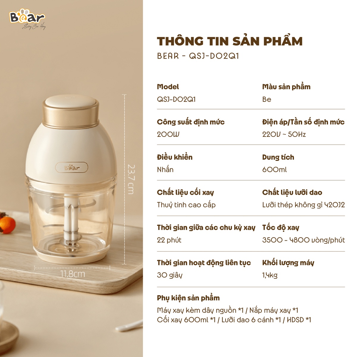Máy xay ăn dặm Bear 0.6L QSJ-D02Q1 200W - hình 6