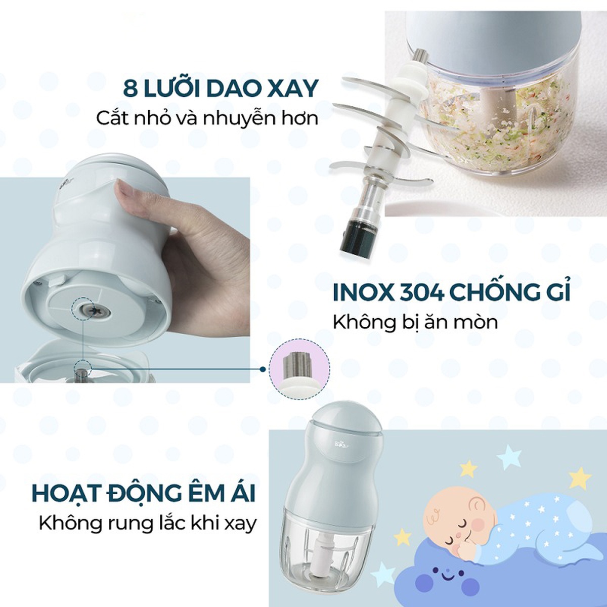 Máy xay ăn dặm Bear 8 lưỡi dao 0,3L B03V8  - mặt sau
