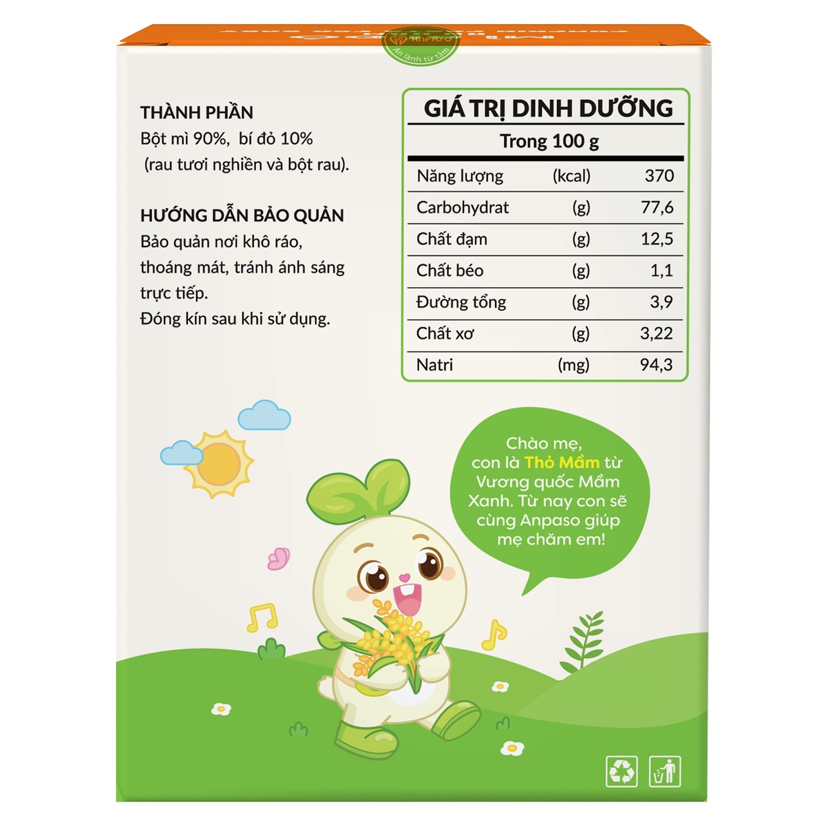 Mì ăn dặm bí đỏ nguyên chất Anpaso 120g - mặt phải