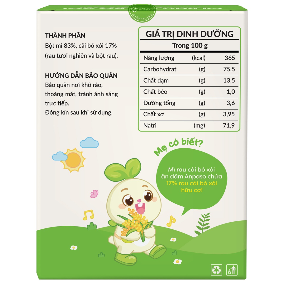 Mì ăn dặm cải bó xôi Organic Anpaso 120g - mặt phải