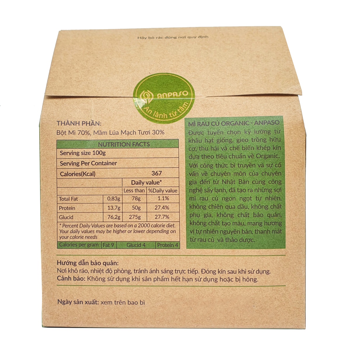 Mì ăn dặm cải bó xôi Organic Anpaso 300g - mặt phải