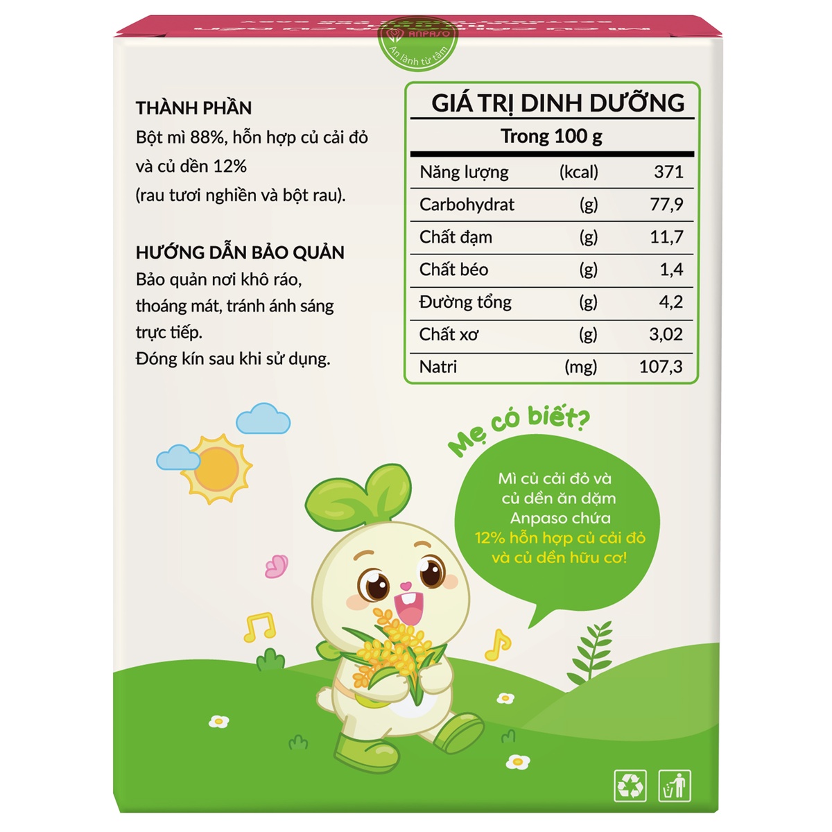 Mì ăn dặm củ cải đỏ, củ dền Anpaso 120g - mặt phải