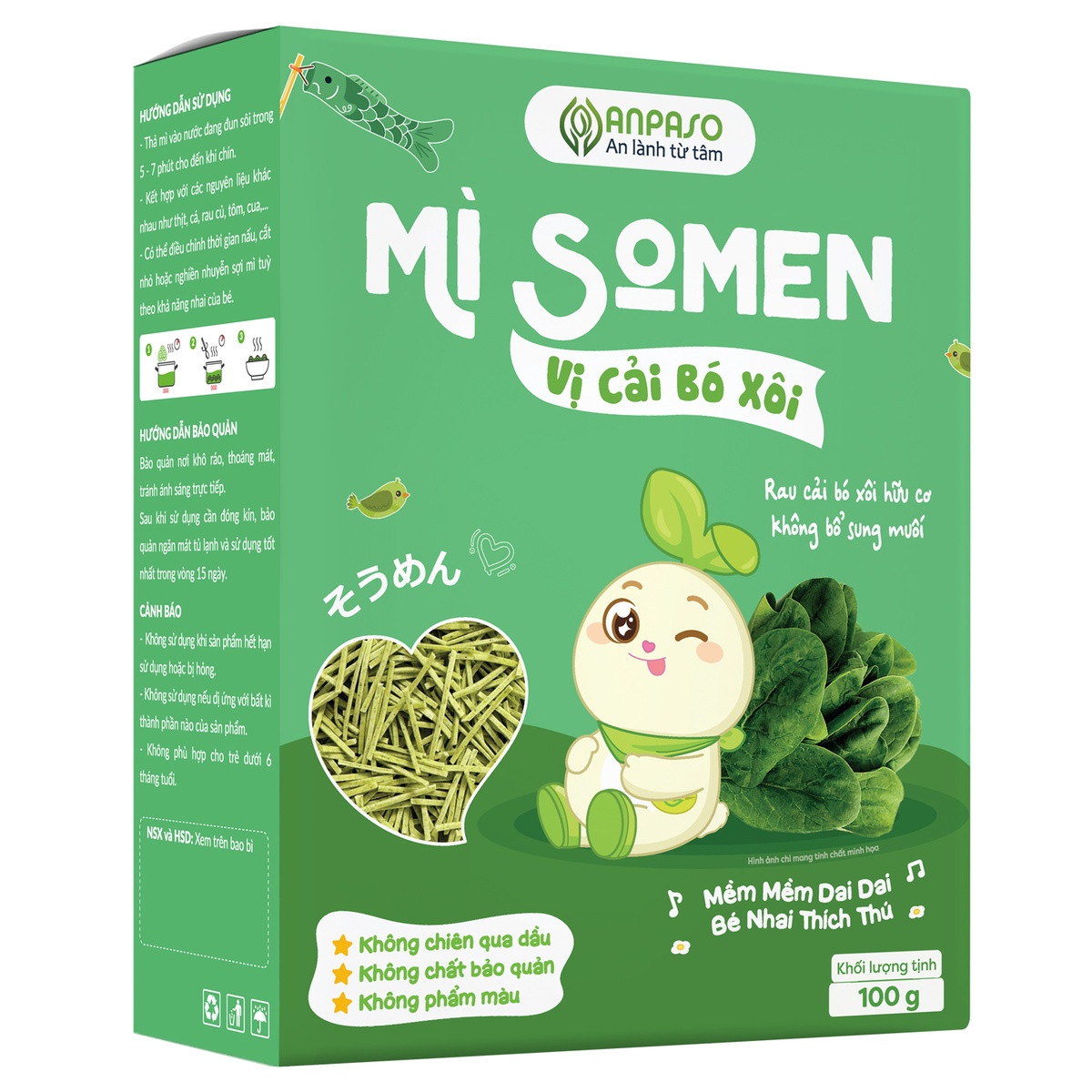 Mì Somen ăn dặm vị cải bó xôi Anpaso 100g - mặt phải