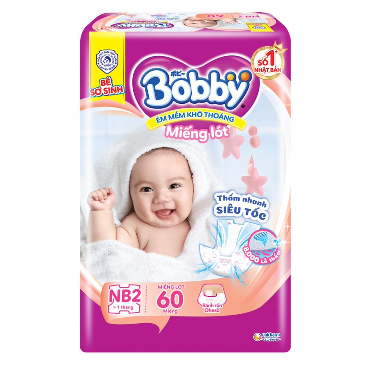 Miếng lót sơ sinh Bobby Newborn 2 - 60 miếng (cho bé > 1 tháng tuổi) - mặt trái