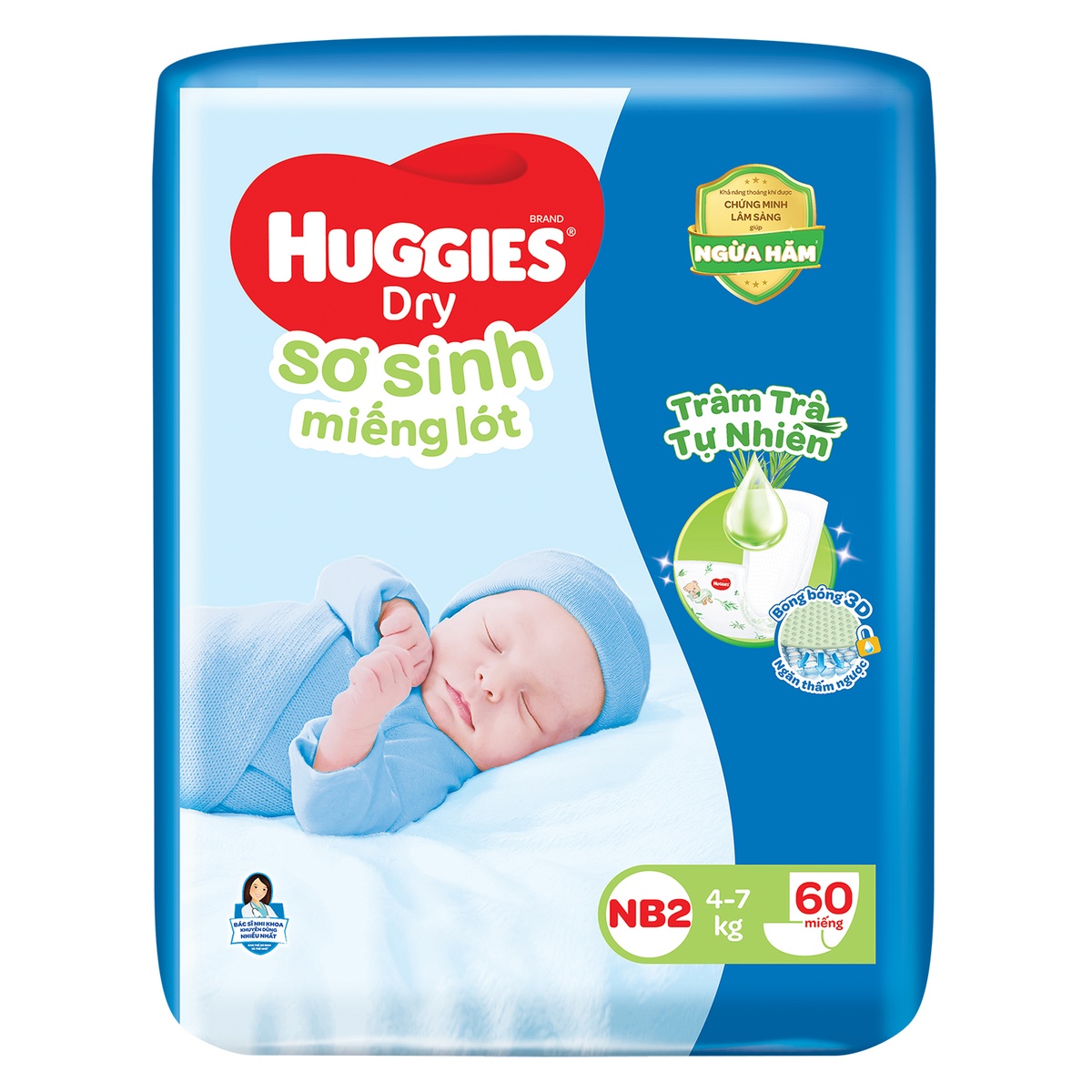 Miếng lót sơ sinh Huggies Newborn2 60 miếng (cho bé 4-7kg) - mặt phải