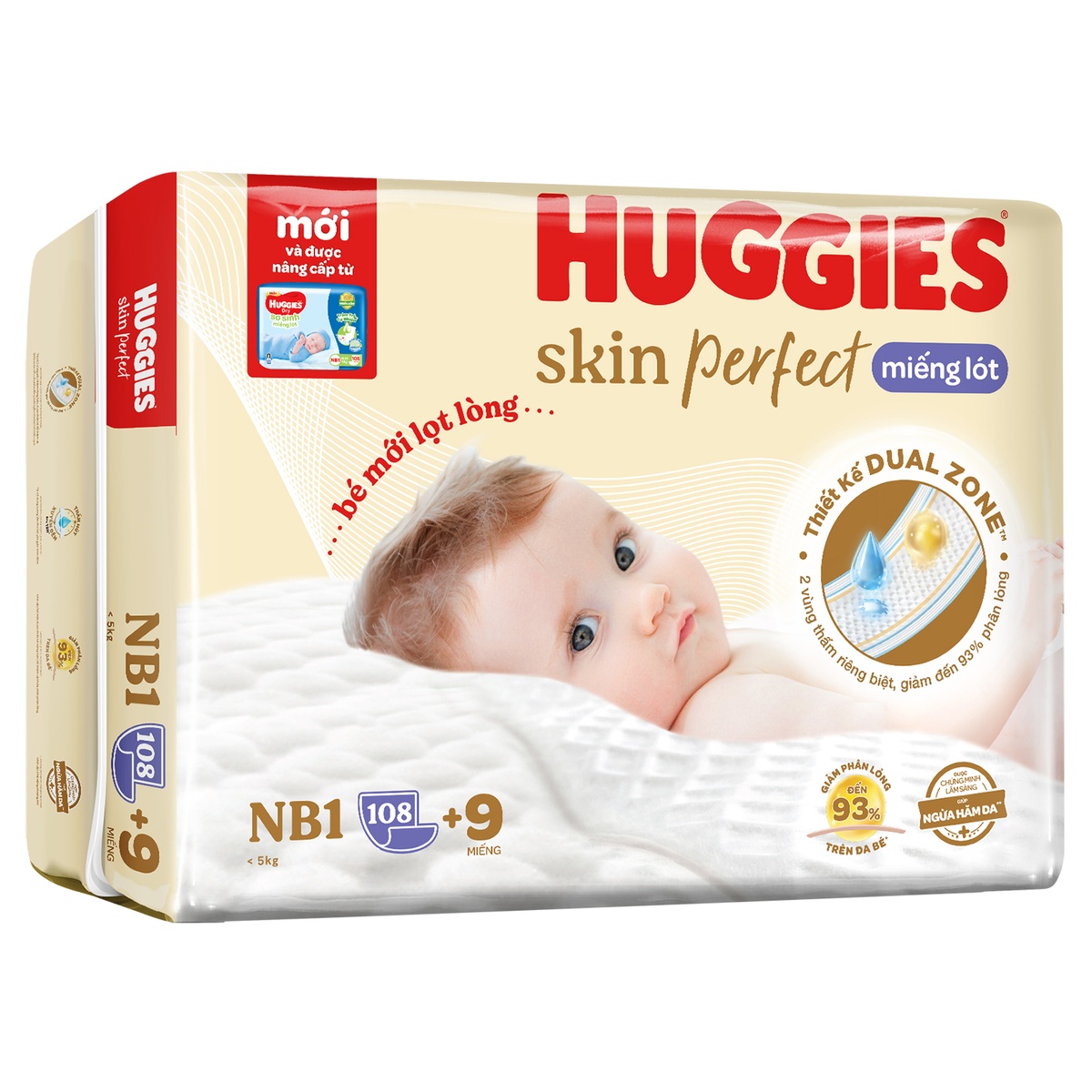Miếng lót sơ sinh Huggies Newborn 1 108 miếng (cho bé dưới 5 kg) - mặt trái