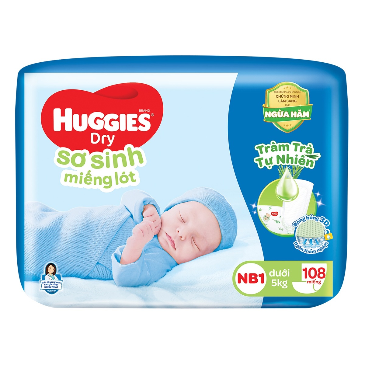 Miếng lót sơ sinh Huggies Newborn 1 108 miếng (cho bé dưới 5 kg) - mặt phải