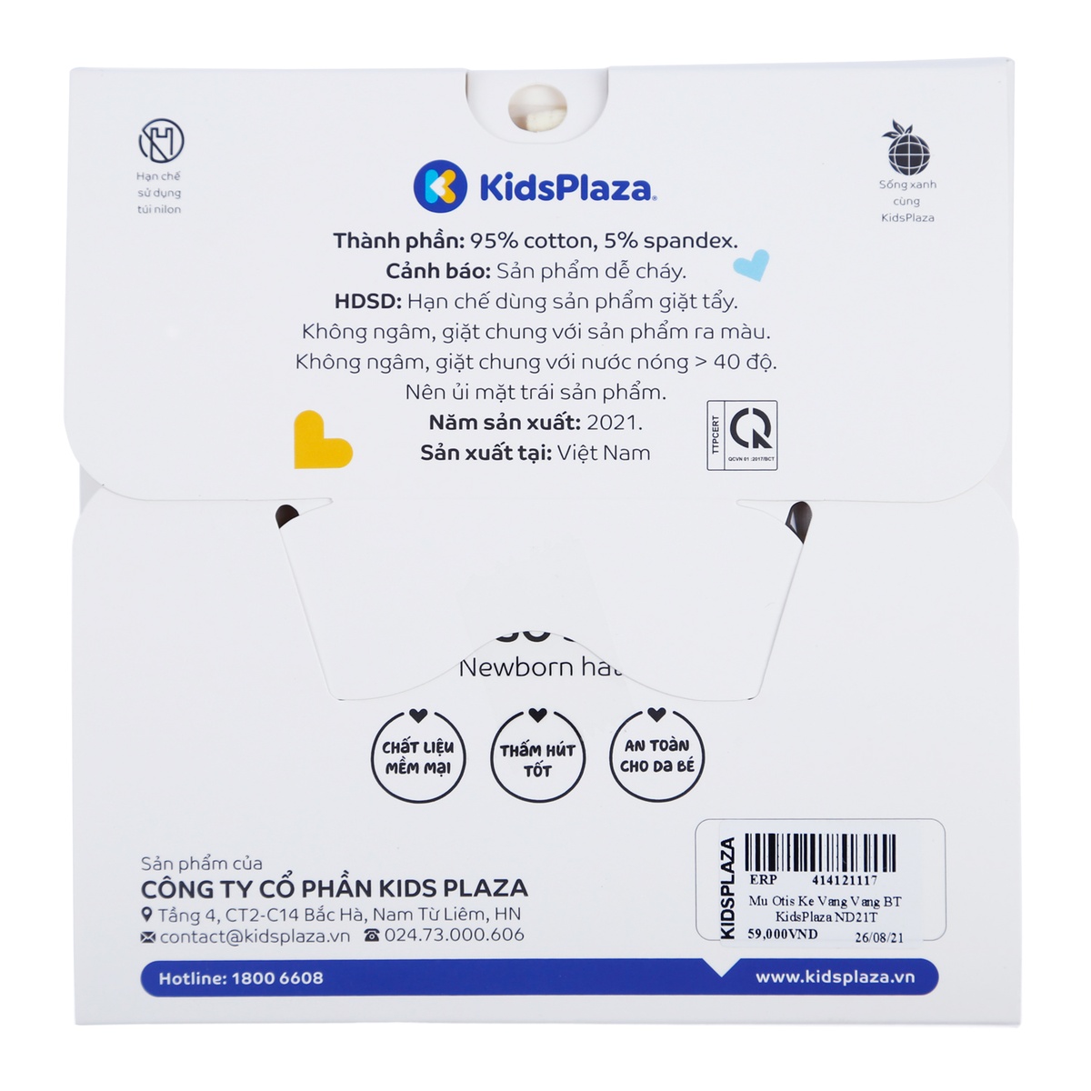 Mũ sơ sinh bé trai Otis i love jungles KidsPlaza ND21T (Trắng Vàng) - góc nghiêng
