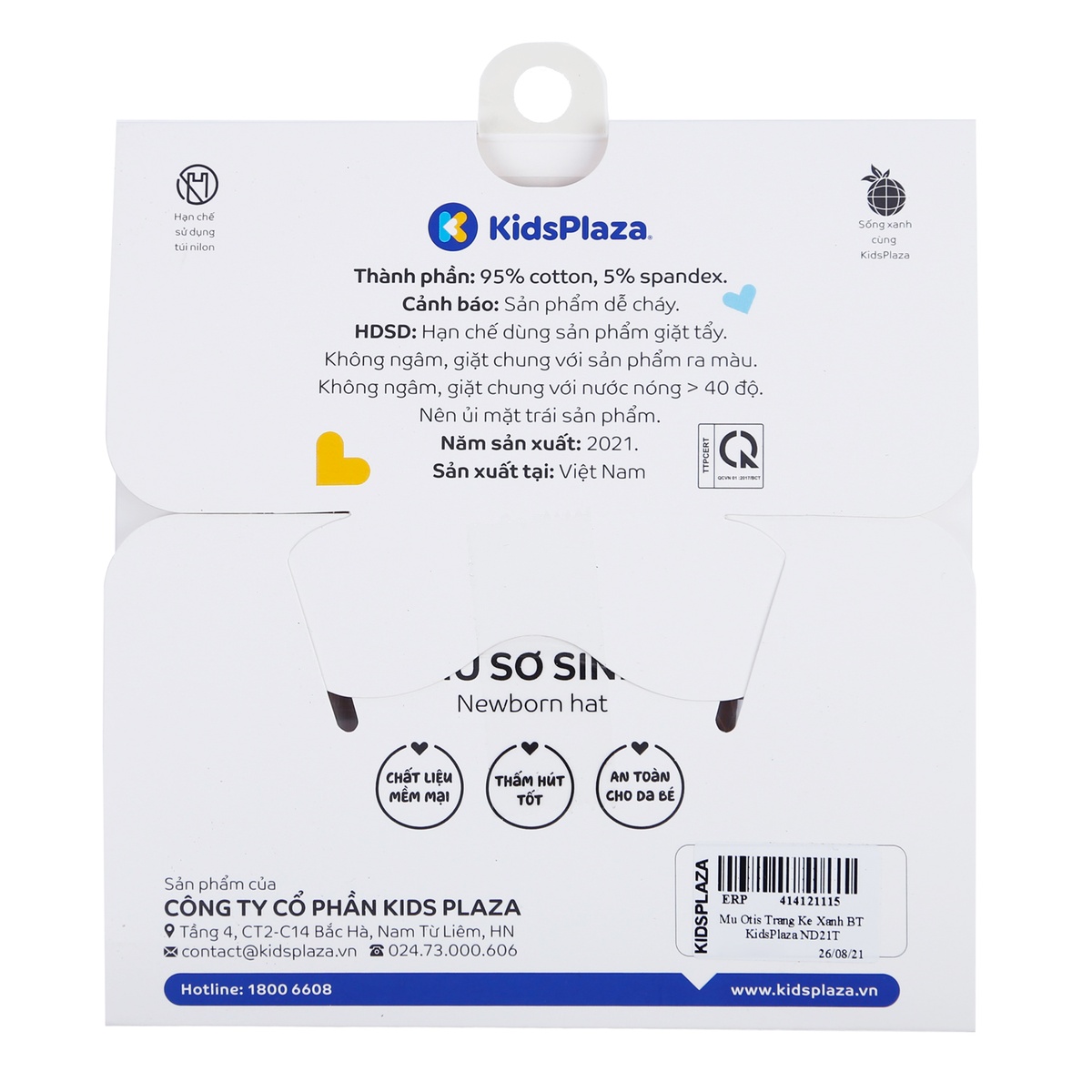 Mũ sơ sinh bé trai Otis kẻ xanh KidsPlaza ND21T (Trắng) - góc nghiêng