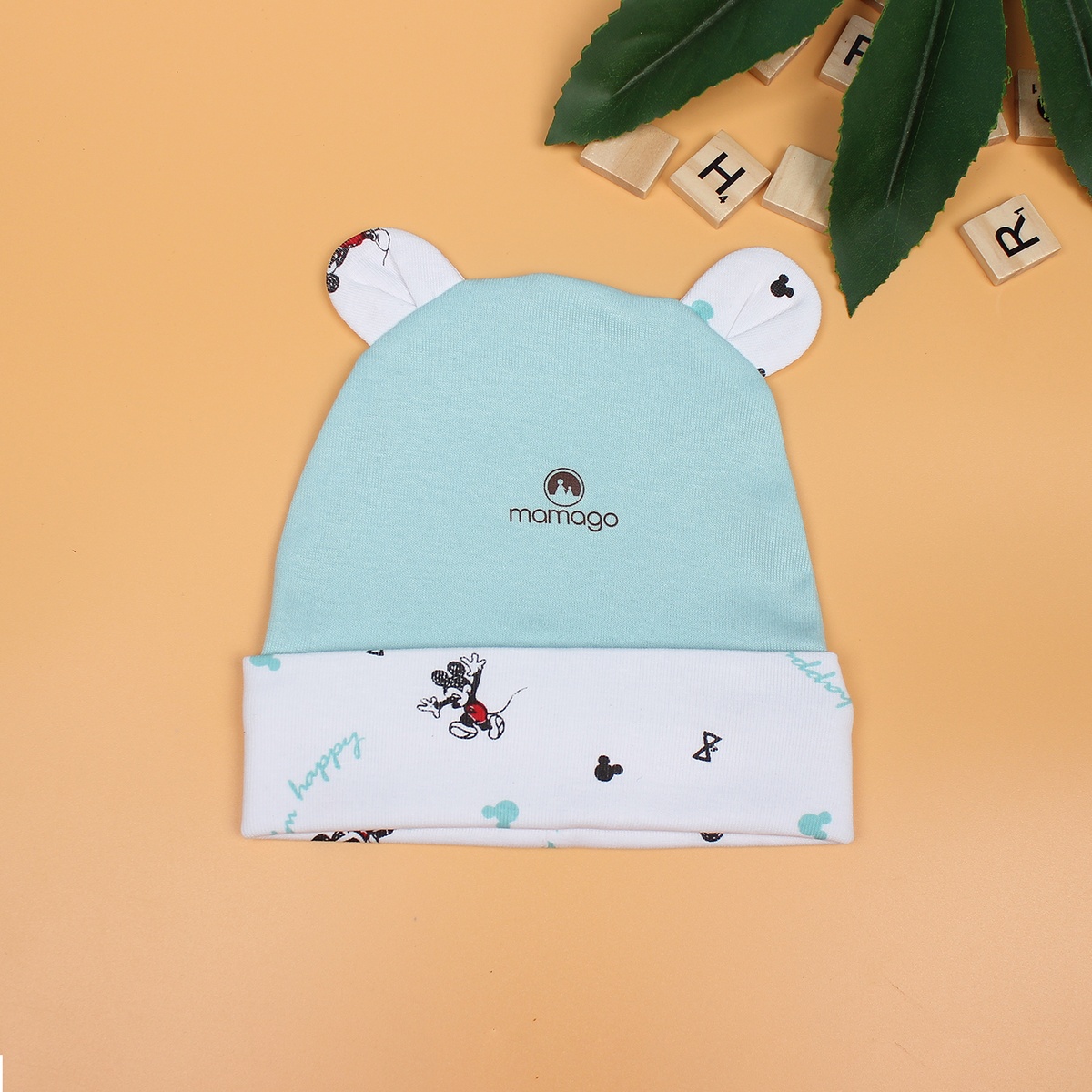 Mũ sơ sinh cho bé Mamago in hình chú chuột Mickey NĐ19 (Xanh) - mặt trái
