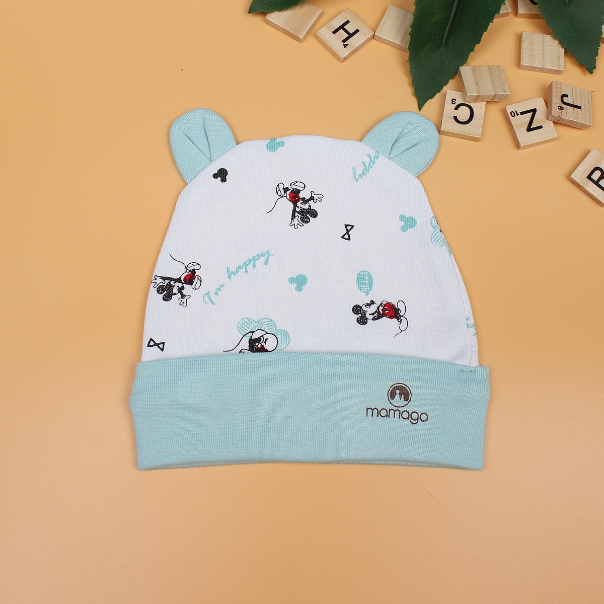 Mũ sơ sinh cho bé Mamago in hình chú chuột Mickey NĐ19 (Xanh) - mặt phải