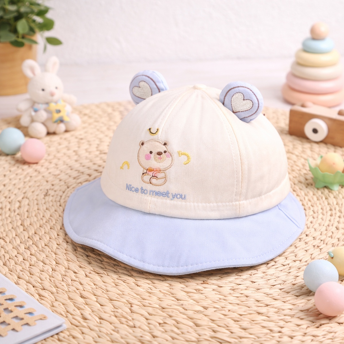 Mũ vành cho bé KidsPlaza gấu 2 tai 26K-H14 size 50 (Xanh be) - mặt trái