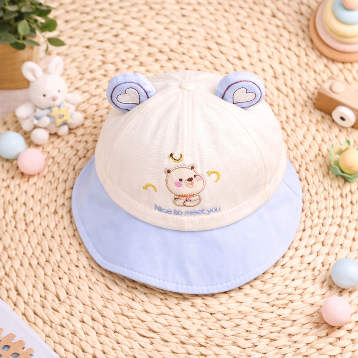 Mũ vành cho bé KidsPlaza gấu 2 tai 26K-H14 size 50 (Xanh be) - mặt phải