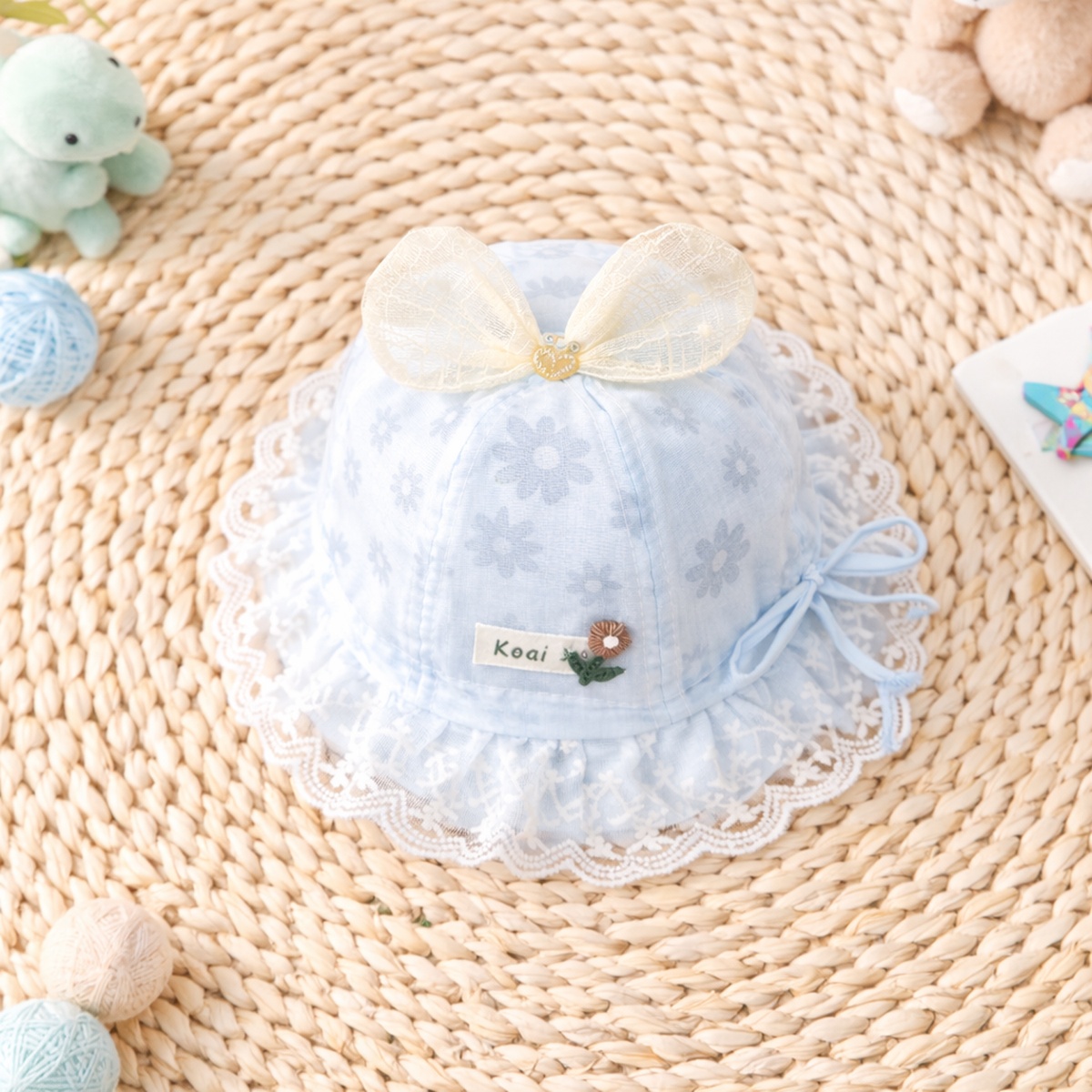 Mũ vành bé gái KidsPlaza thêu hoa & nơ 26K-H12 size 48 (Xanh dương) - mặt trái