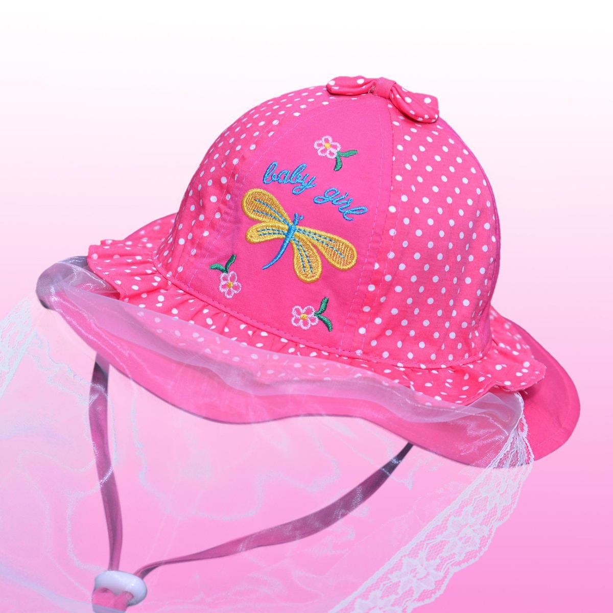 Mũ vành bé gái KidsPlaza phủ voan thêu chuồn chuồn DN20 - mặt phải