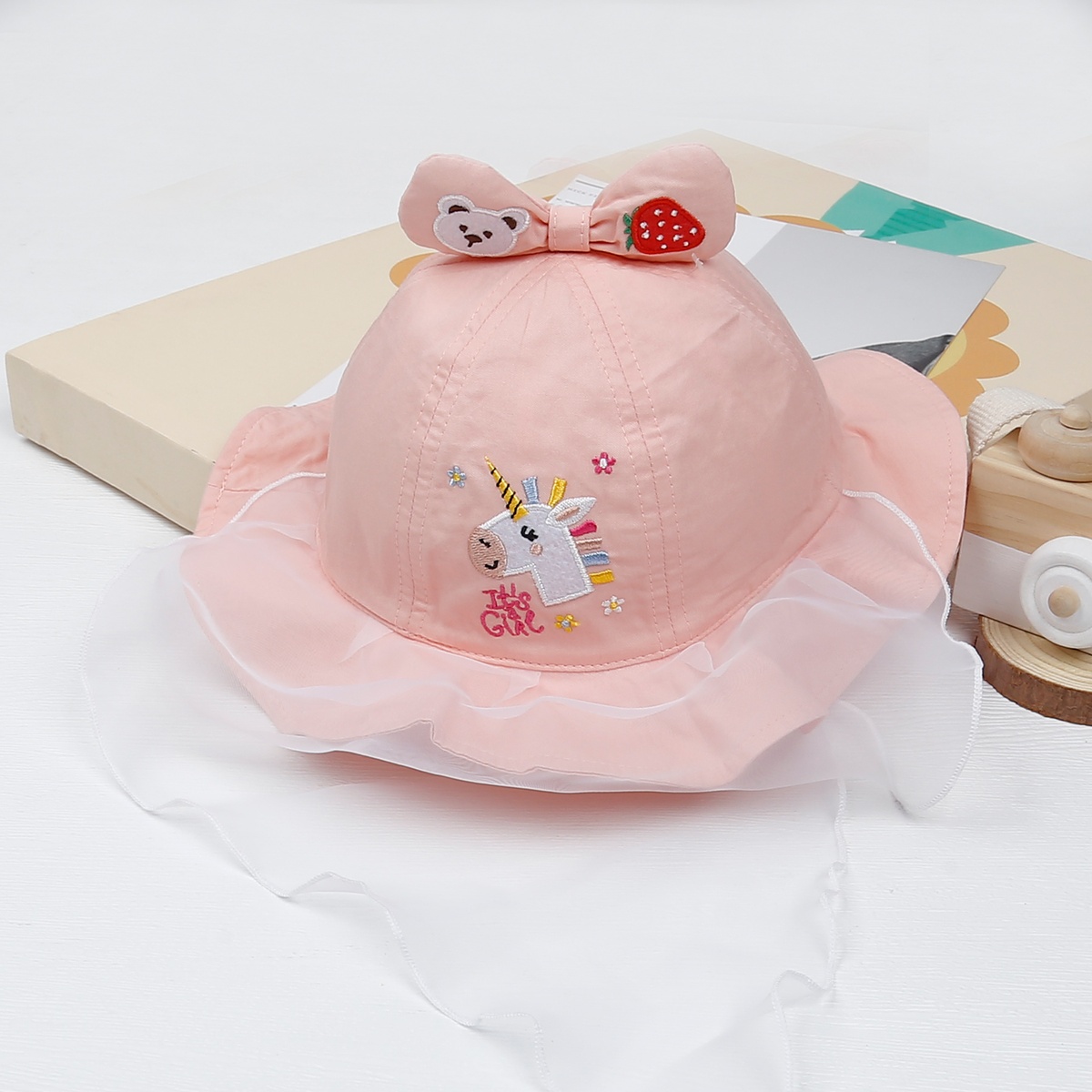 Mũ vành phủ voan KidsPlaza thêu hình ngựa DN23 (Hồng cam)