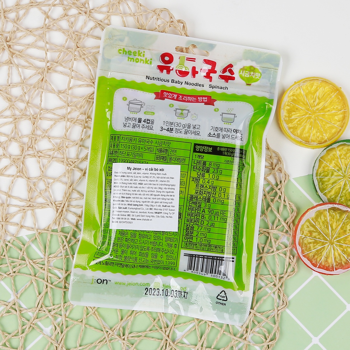 Mỳ trẻ em Jeion - Hàn Quốc vị cải bó xôi 150g  - mặt trái