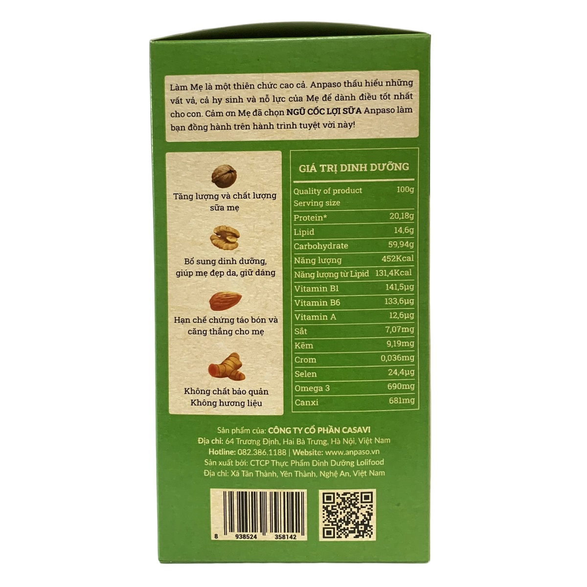 Ngũ cốc lợi sữa Anpaso hộp 450g - mặt sau