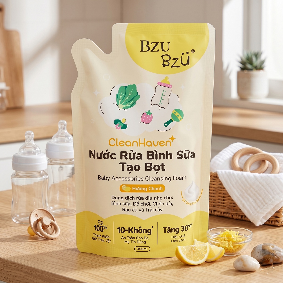 Nước rửa bình tạo bọt hương chanh Bzu Bzu túi 400ml VN - mặt trái