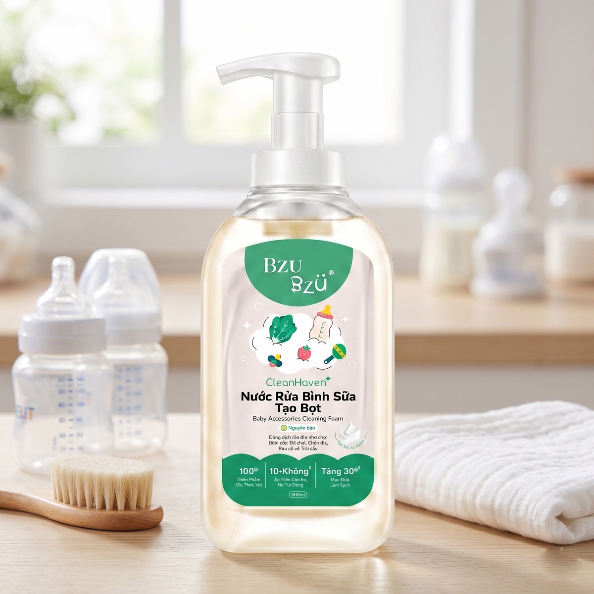 Nước rửa bình tạo bọt không mùi Bzu Bzu chai 500ml VN - mặt trái