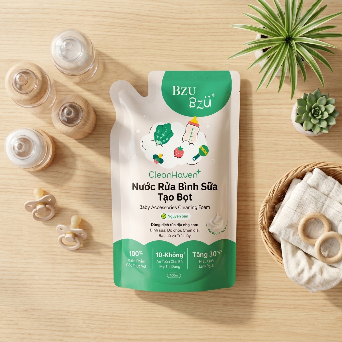 Nước rửa bình tạo bọt không mùi Bzu Bzu túi 400ml VN - mặt phải