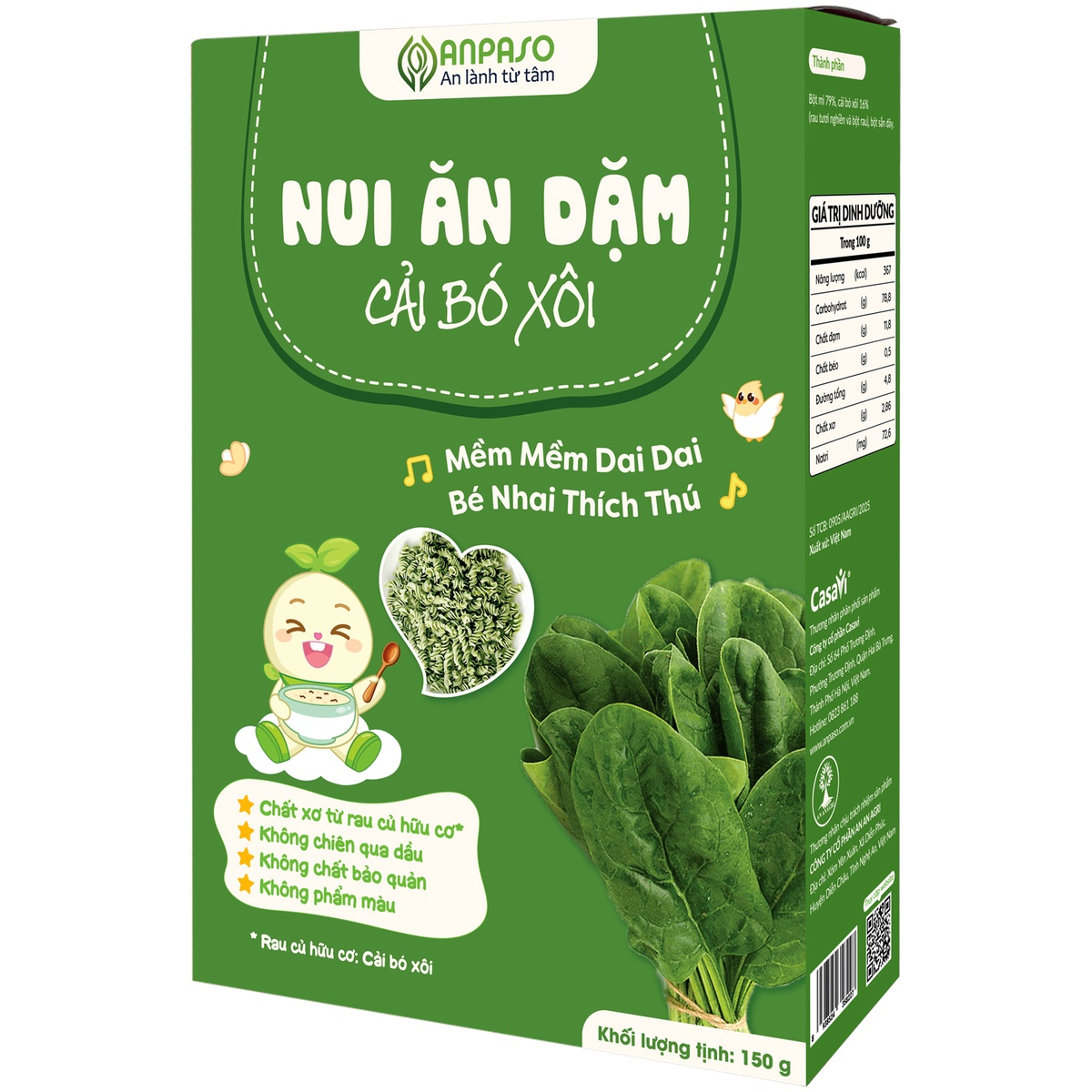 Nui ăn dặm cải bó xôi Anpaso 150g - mặt phải