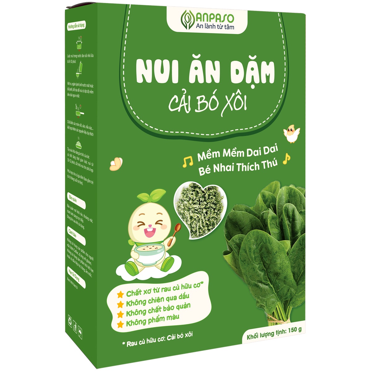 Nui ăn dặm cải bó xôi Anpaso 150g - mặt trái