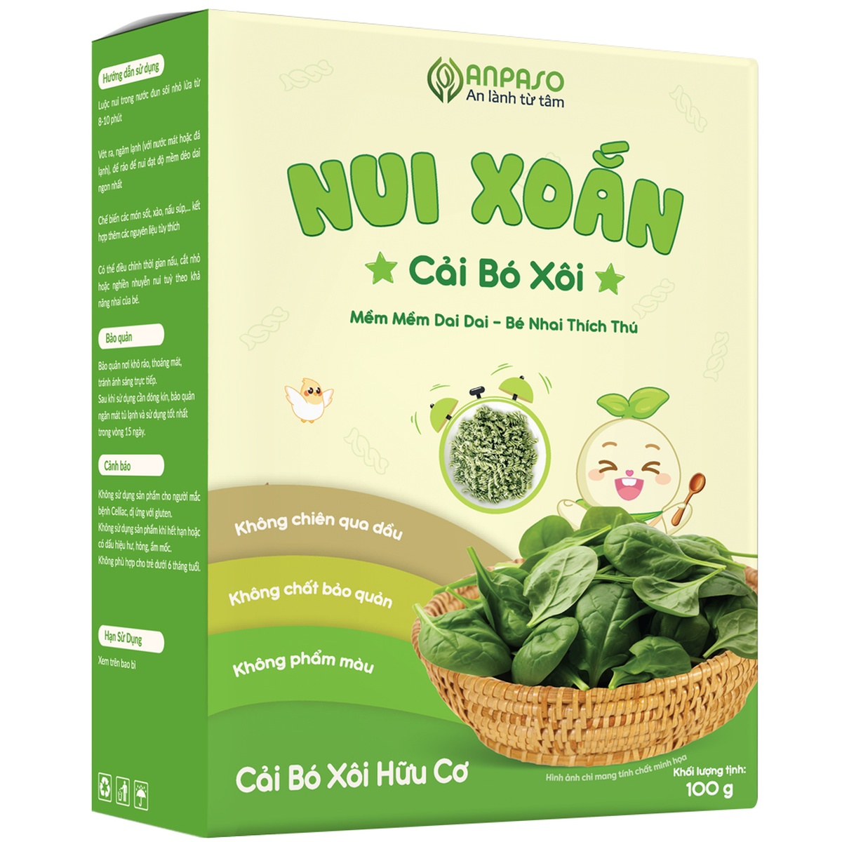 Nui xoắn cải bó xôi Anpaso 100g cho bé 6M+ - mặt trái