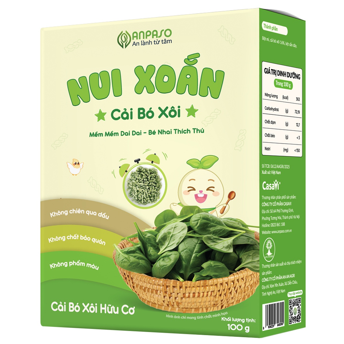 Nui xoắn cải bó xôi Anpaso 100g cho bé 6M+ - mặt phải