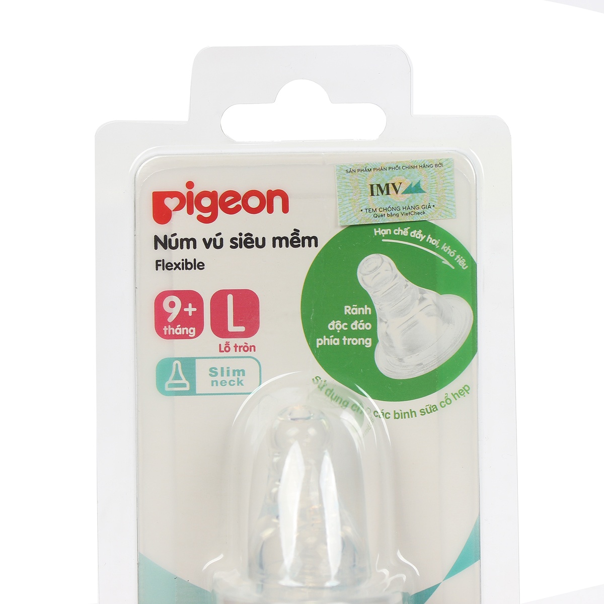 Núm ty Pigeon size L (vỉ 2 chiếc) cổ hẹp cho bé 9M+ - mặt sau