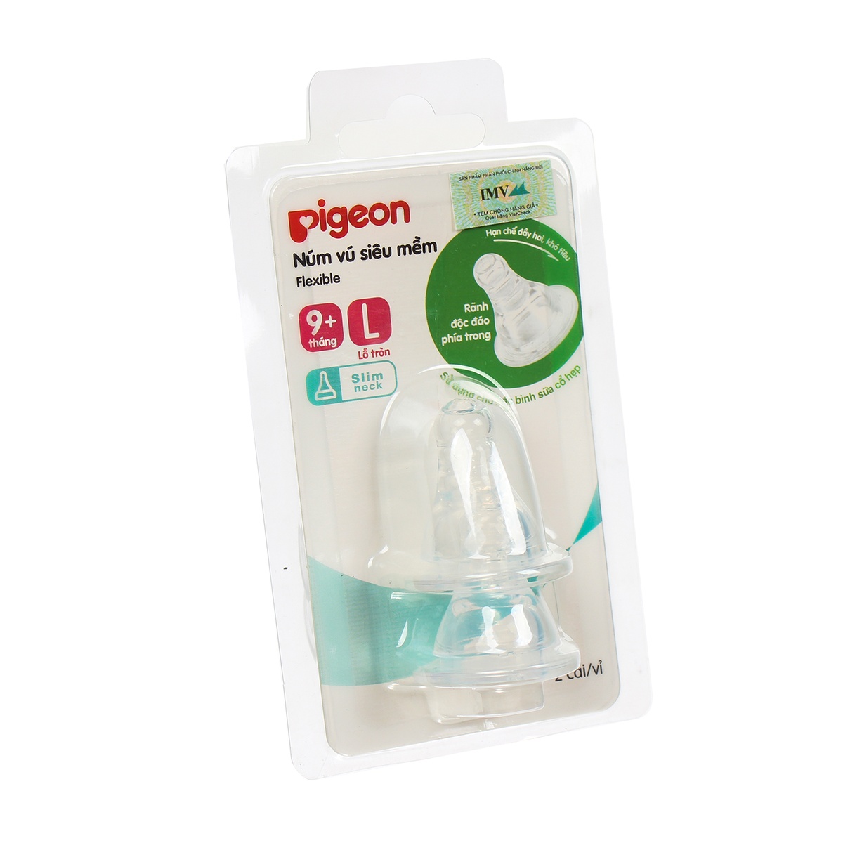 Núm ty Pigeon size L (vỉ 2 chiếc) cổ hẹp cho bé 9M+ - mặt phải