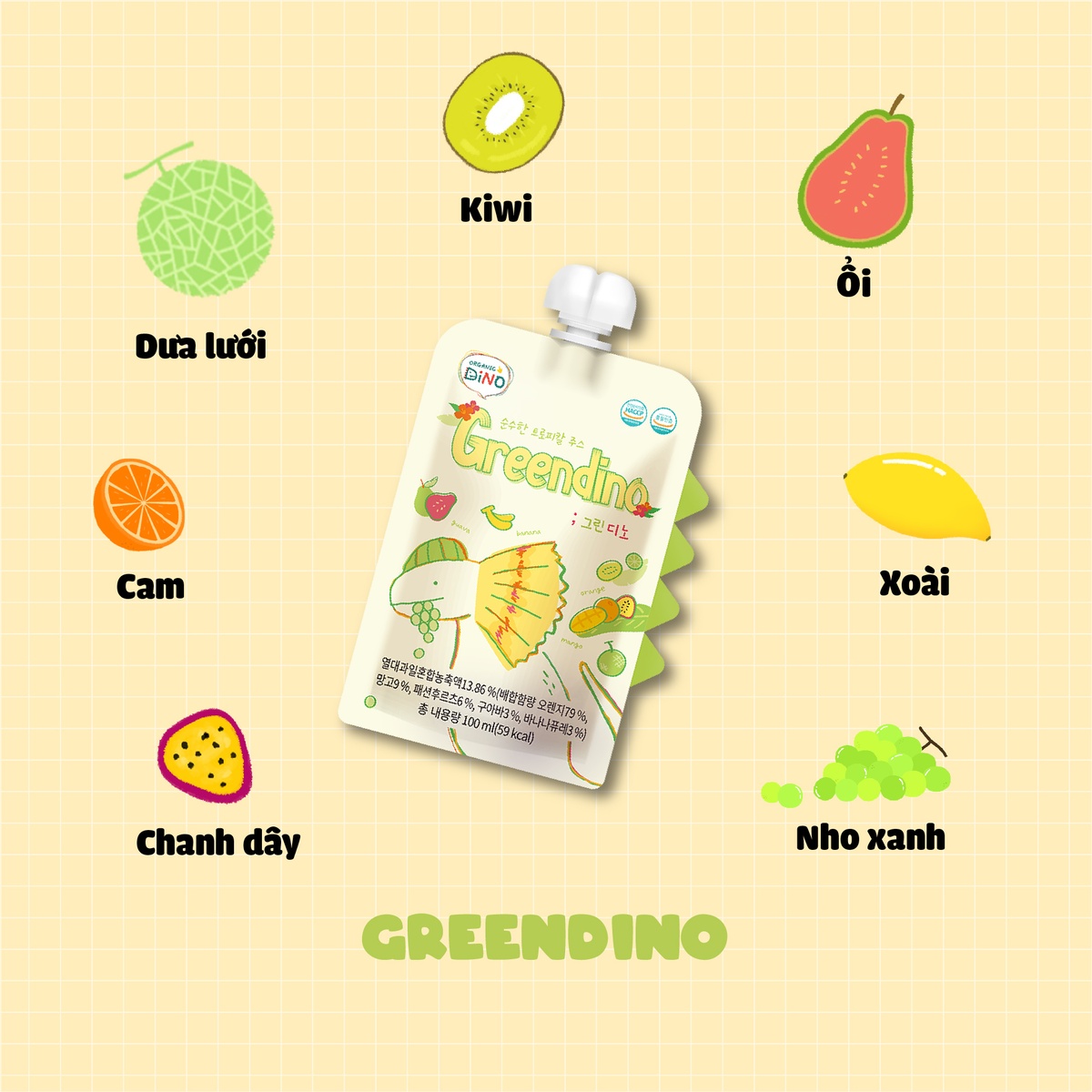 Nước ép trái cây nhiệt đới GreenDino 100ml cho bé 6M+ - mặt trái